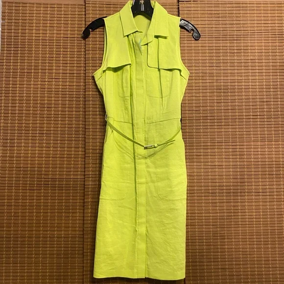 Elie Tahari Sleeveless, Button-front, Belted Green Dress Sz 0